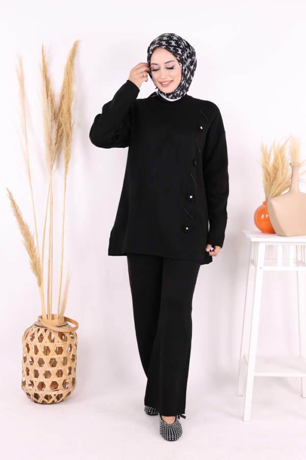 Çiçek Detaylı Triko Takım 1620 Siyah - 1