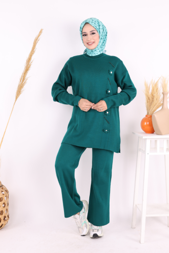 Çiçek Detaylı Triko Takım 1620 Zümrüt - 1