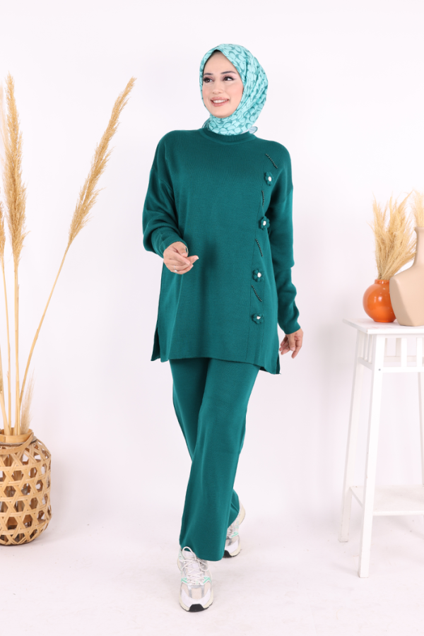 Çiçek Detaylı Triko Takım 1620 Zümrüt - 2