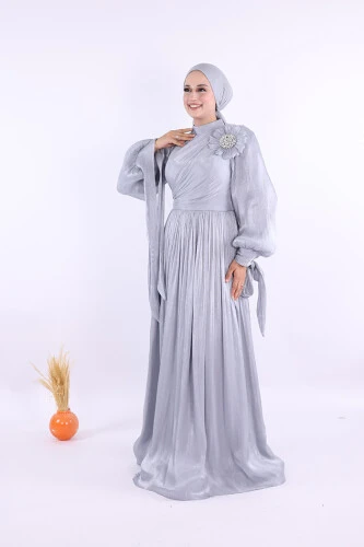 Çiçek Detaylı Valentino Abiye 7139 Gri - Bym Fashion (1)