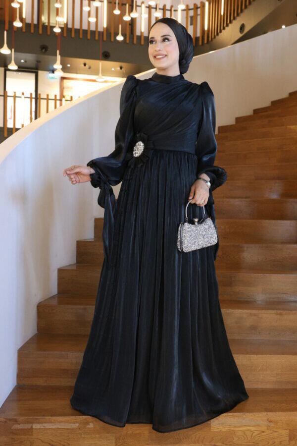 Çiçek Detaylı Valentino Abiye 7139 Siyah - 1