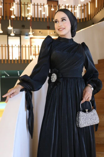 Çiçek Detaylı Valentino Abiye 7139 Siyah - 3