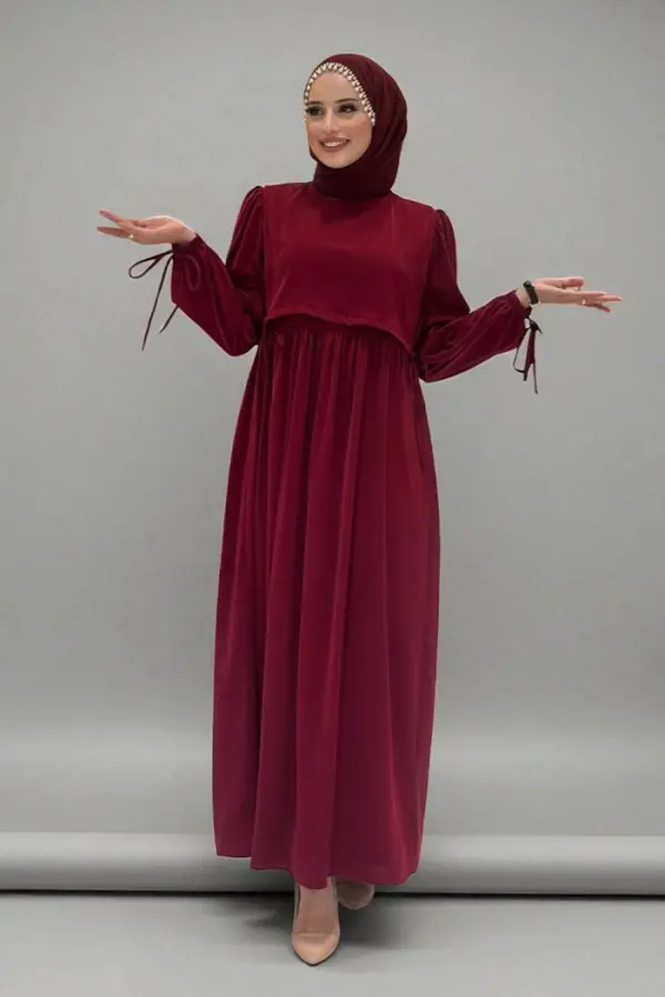 Çift Katlı Bağlama Detay Elbise 6003 Bordo - 1