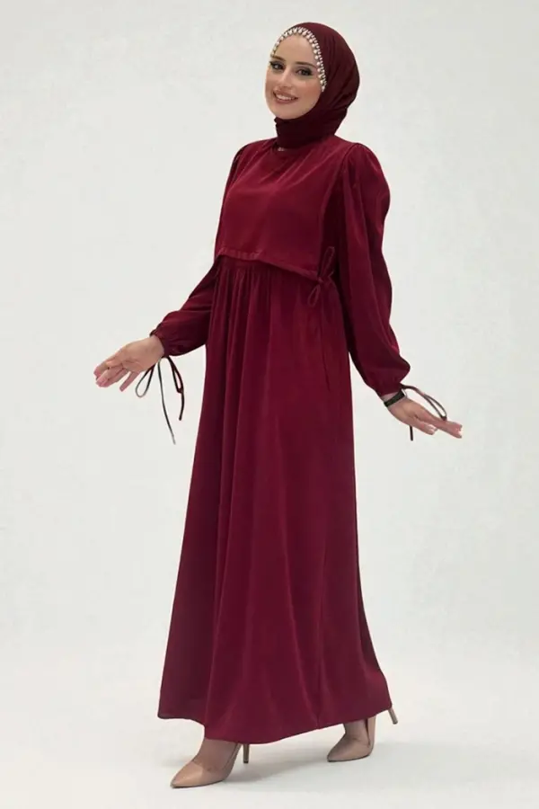 Çift Katlı Bağlama Detay Elbise 6003 Bordo - 2