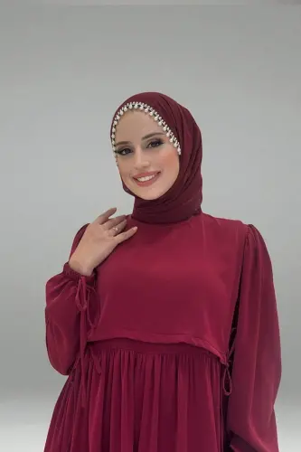 Çift Katlı Bağlama Detay Elbise 6003 Bordo - 3