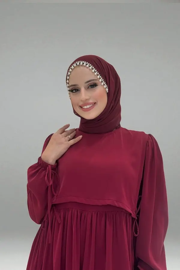 Çift Katlı Bağlama Detay Elbise 6003 Bordo - 3