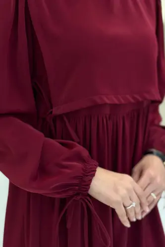 Çift Katlı Bağlama Detay Elbise 6003 Bordo - 5