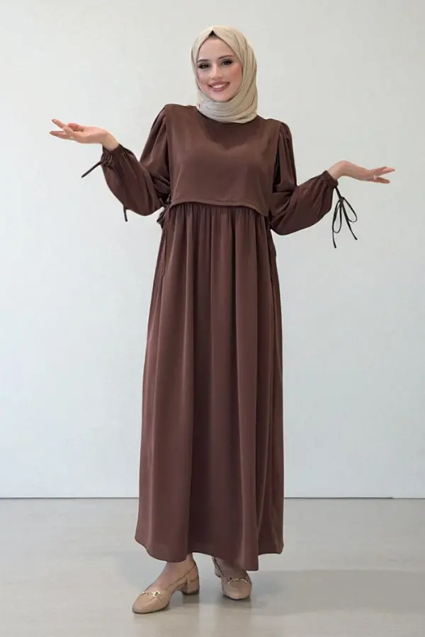 Çift Katlı Bağlama Detay Elbise 6003 Kahverengi - 1