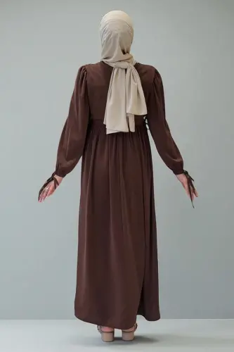 Çift Katlı Bağlama Detay Elbise 6003 Kahverengi - 3