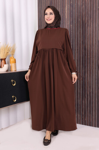 Çift Katlı Bağlama Detay Elbise 6003 Kahverengi - 5