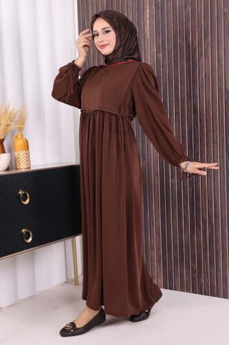 Çift Katlı Bağlama Detay Elbise 6003 Kahverengi - 6