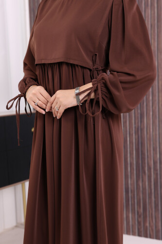 Çift Katlı Bağlama Detay Elbise 6003 Kahverengi - 8