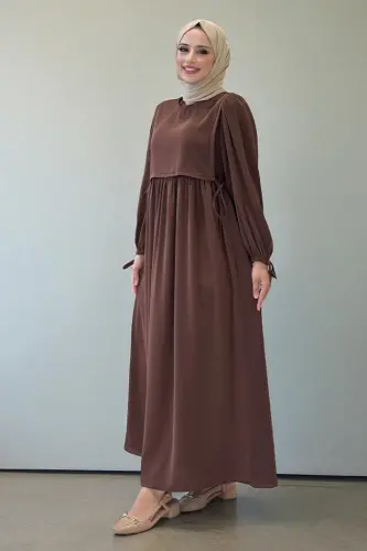 Çift Katlı Bağlama Detay Elbise 6003 Kahverengi - Bym Fashion (1)