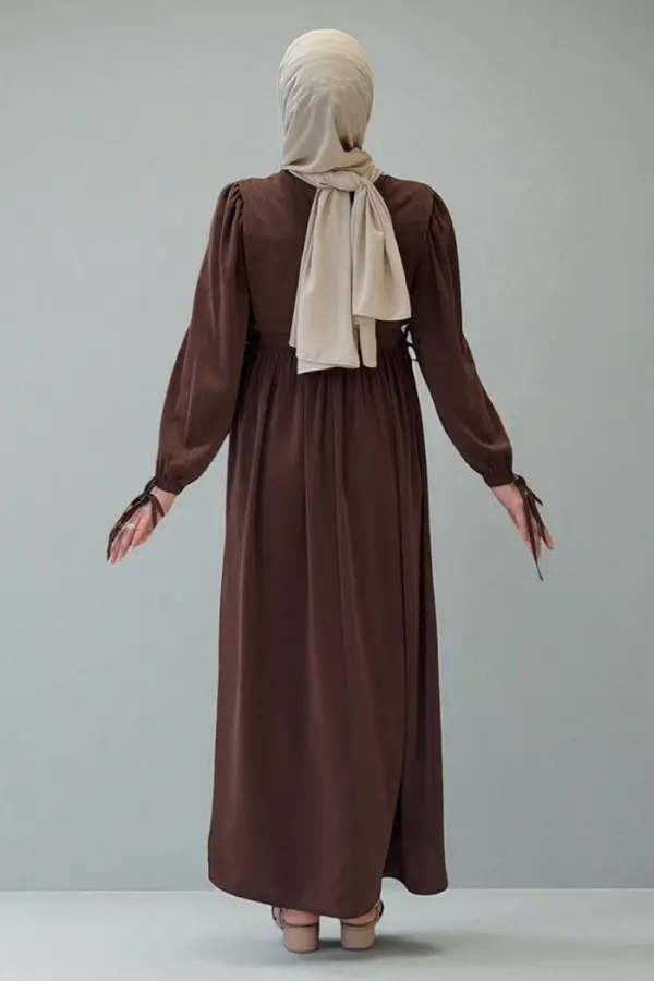 Çift Katlı Bağlama Detay Elbise 6003 Kahverengi - 3