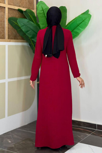 Çıt Çıt Düğme Detaylı Elbise 3928 Bordo - Bym Fashion (1)