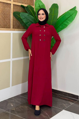 Çıt Çıt Düğme Detaylı Elbise 3928 Bordo - Bym Fashion