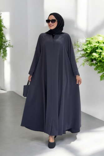 Çıt Çıt Düğme Detaylı Ferace Görünümlü Elbise 70020 Füme - Bym Fashion