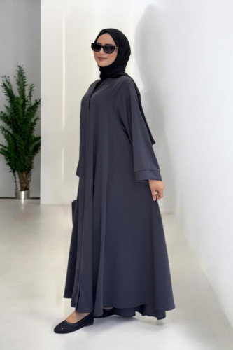 Çıt Çıt Düğme Detaylı Ferace Görünümlü Elbise 70020 Füme - Bym Fashion (1)