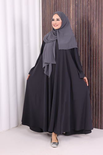 Çıt Çıt Düğme Detaylı Ferace Görünümlü Elbise 70020 Füme - 5