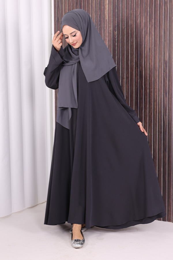 Çıt Çıt Düğme Detaylı Ferace Görünümlü Elbise 70020 Füme - 7