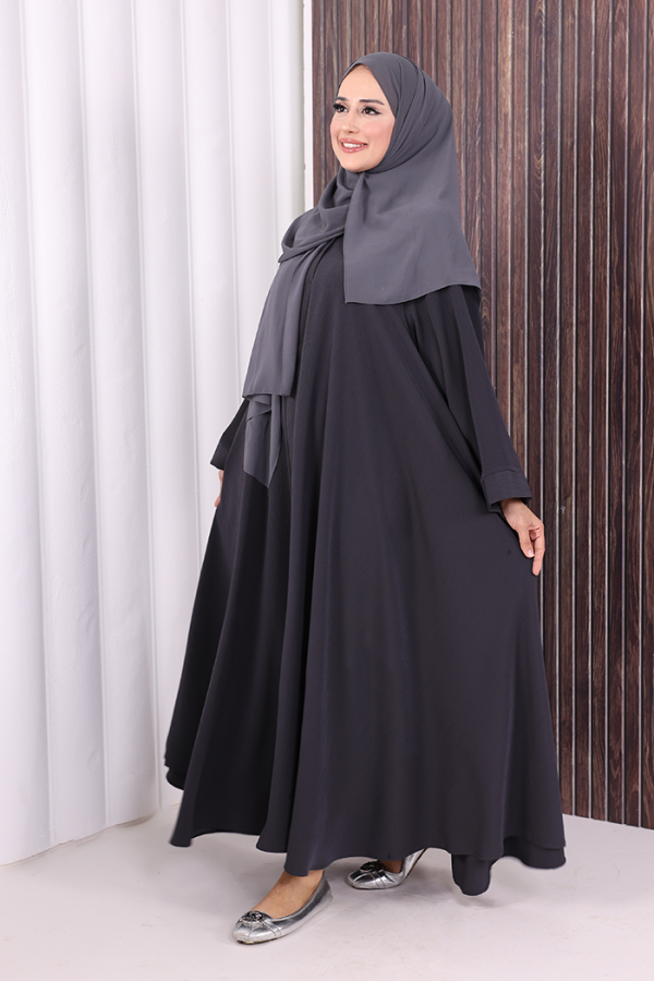 Çıt Çıt Düğme Detaylı Ferace Görünümlü Elbise 70020 Füme - 8