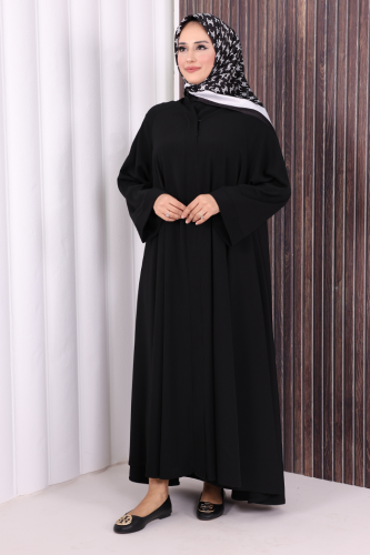 Çıt Çıt Düğme Detaylı Ferace Görünümlü Elbise 70020 Siyah - 6