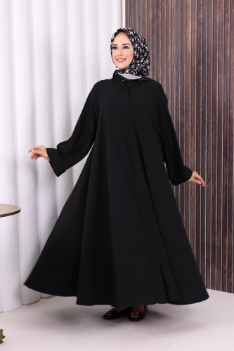 Çıt Çıt Düğme Detaylı Ferace Görünümlü Elbise 70020 Siyah - 11