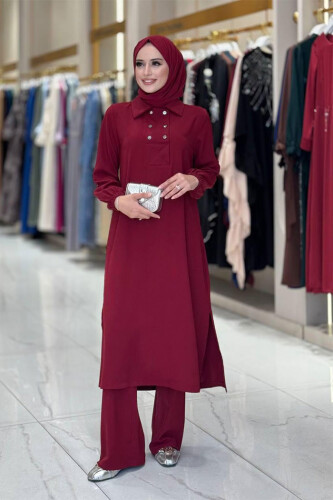 Çıt Çıt Düğme Detaylı Tunik Pantolon İkili Takım 8681 Bordo - 1