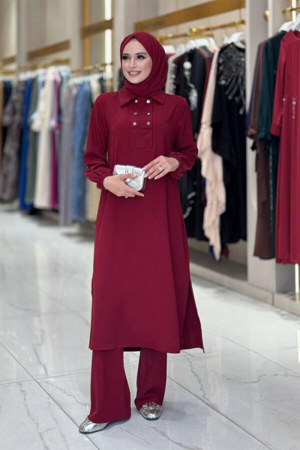 Çıt Çıt Düğme Detaylı Tunik Pantolon İkili Takım 8681 Bordo - 1
