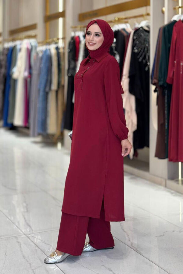 Çıt Çıt Düğme Detaylı Tunik Pantolon İkili Takım 8681 Bordo - 3