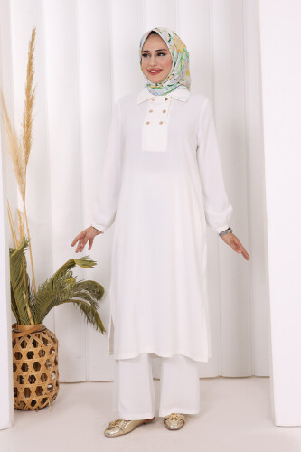 Çıt Çıt Düğme Detaylı Tunik Pantolon İkili Takım 8681 Ekru - 5