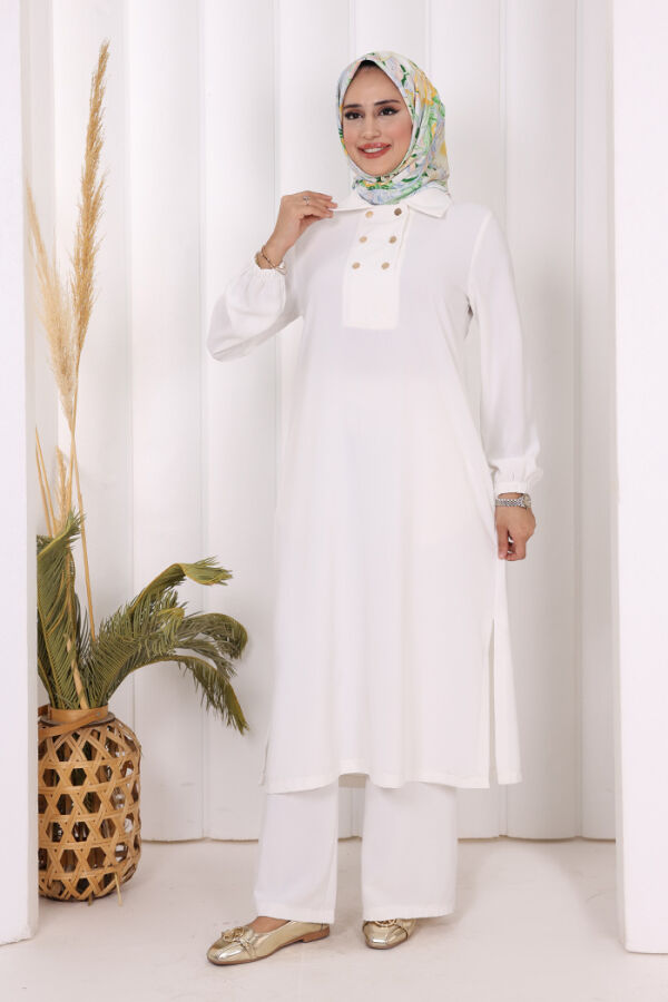 Çıt Çıt Düğme Detaylı Tunik Pantolon İkili Takım 8681 Ekru - 6
