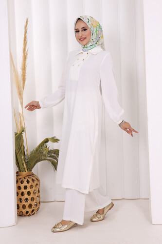 Çıt Çıt Düğme Detaylı Tunik Pantolon İkili Takım 8681 Ekru - 7
