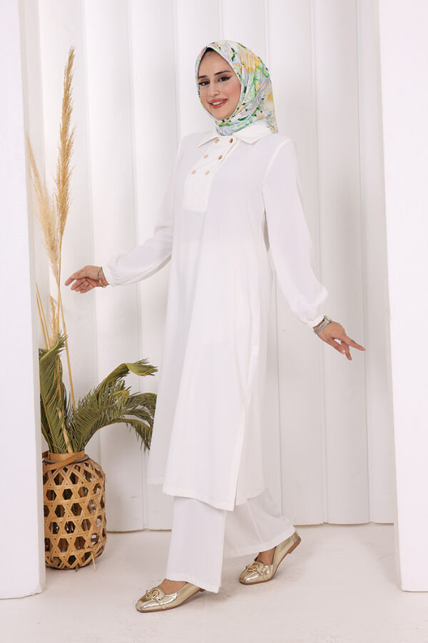 Çıt Çıt Düğme Detaylı Tunik Pantolon İkili Takım 8681 Ekru - 7