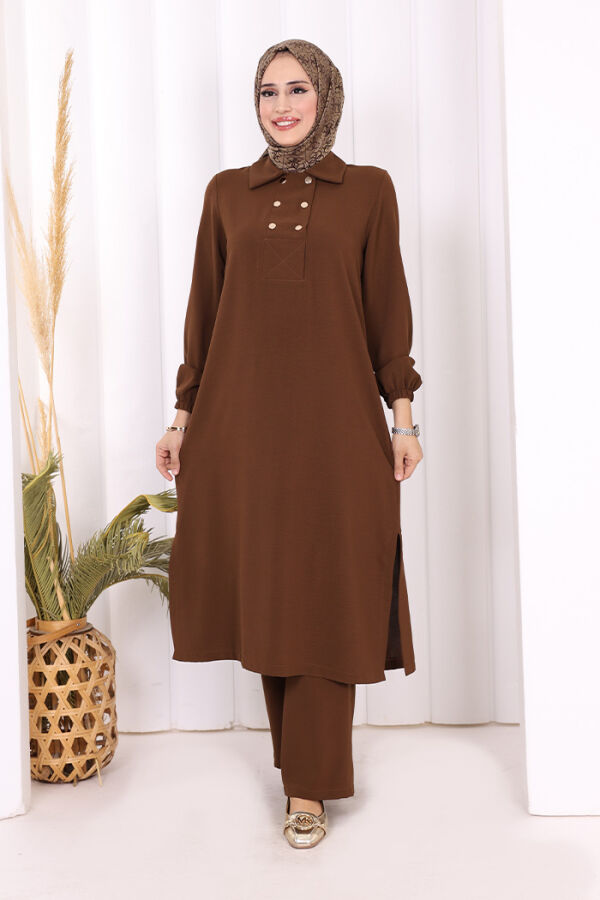Çıt Çıt Düğme Detaylı Tunik Pantolon İkili Takım 8681 Kahverengi - 5