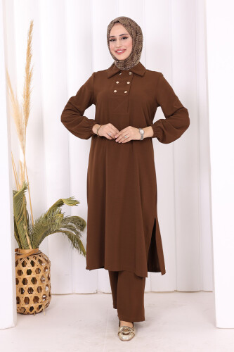 Çıt Çıt Düğme Detaylı Tunik Pantolon İkili Takım 8681 Kahverengi - 6
