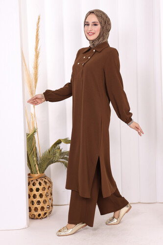 Çıt Çıt Düğme Detaylı Tunik Pantolon İkili Takım 8681 Kahverengi - 7