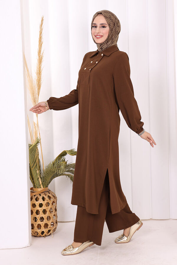 Çıt Çıt Düğme Detaylı Tunik Pantolon İkili Takım 8681 Kahverengi - 7