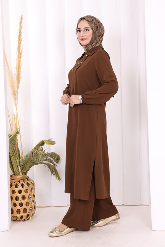 Çıt Çıt Düğme Detaylı Tunik Pantolon İkili Takım 8681 Kahverengi - 8