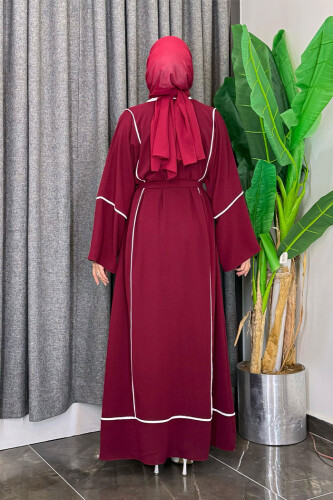 Çizgi Desenli Önü Boydan Fermuarlı Bel Kuşaklı Ferace 7885 Bordo - Bym Fashion (1)