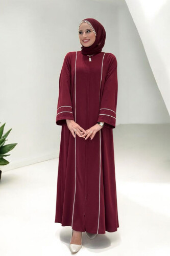 Çizgi Detaylı Boydan Fermuarlı Tam Boy Ferace 6011 Bordo - Bym Fashion