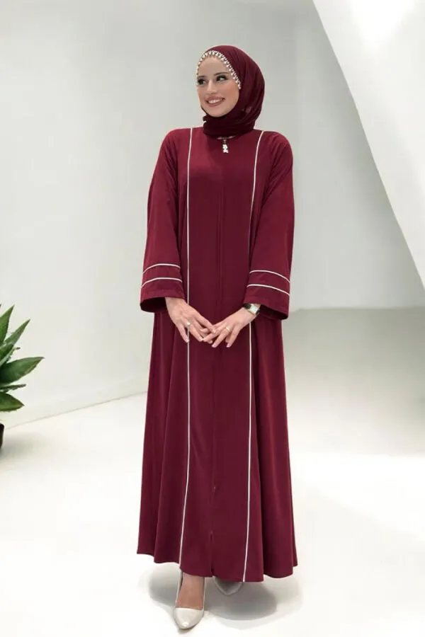 Çizgi Detaylı Boydan Fermuarlı Tam Boy Ferace 6011 Bordo - 1