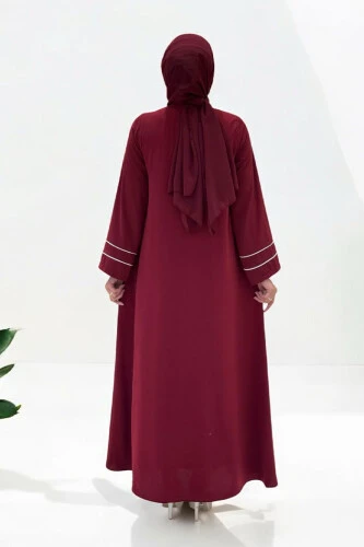 Çizgi Detaylı Boydan Fermuarlı Tam Boy Ferace 6011 Bordo - 2