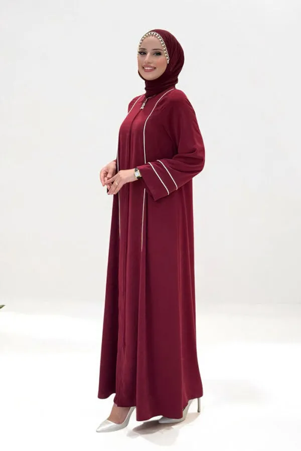 Çizgi Detaylı Boydan Fermuarlı Tam Boy Ferace 6011 Bordo - 3