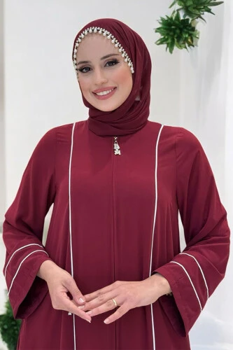 Çizgi Detaylı Boydan Fermuarlı Tam Boy Ferace 6011 Bordo - 4
