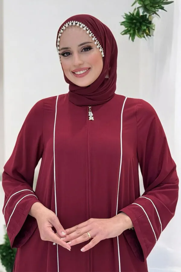 Çizgi Detaylı Boydan Fermuarlı Tam Boy Ferace 6011 Bordo - 4