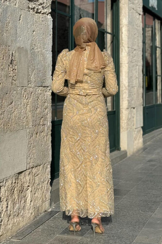 Dal Desenli Simli Tül Abiye Elbise 1140 Gold - Bym Fashion (1)