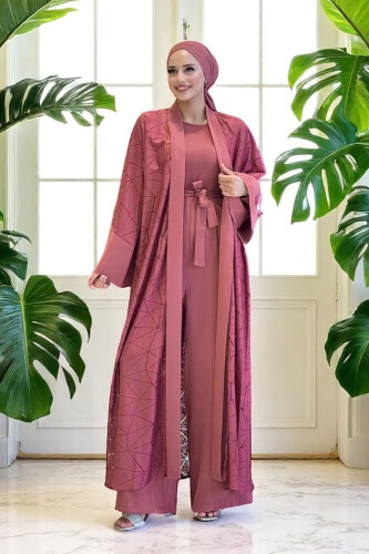 Lace Abaya Waist Belted Pocket Detailed Jumpsuit Set 3782 Dried Rose - Bym Fashion