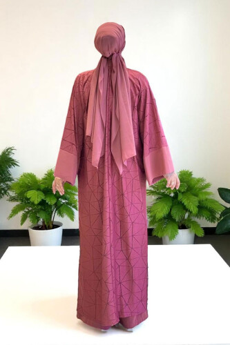 Lace Abaya Waist Belted Pocket Detailed Jumpsuit Set 3782 Dried Rose - Bym Fashion (1)