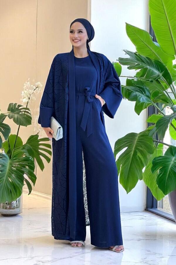 Dantel Abaya Bel Kuşaklı Cep Detaylı Tulum Takım 3782 Lacivert - 1